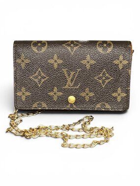 Louis Vuitton Monogram Canvas Wallet with Gold Chain Crossbody Brown and Gold